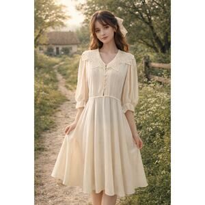 Vintage 70' 8 M Collared Lace Coquette Dress Fairycore Cottagecore Deer Doll